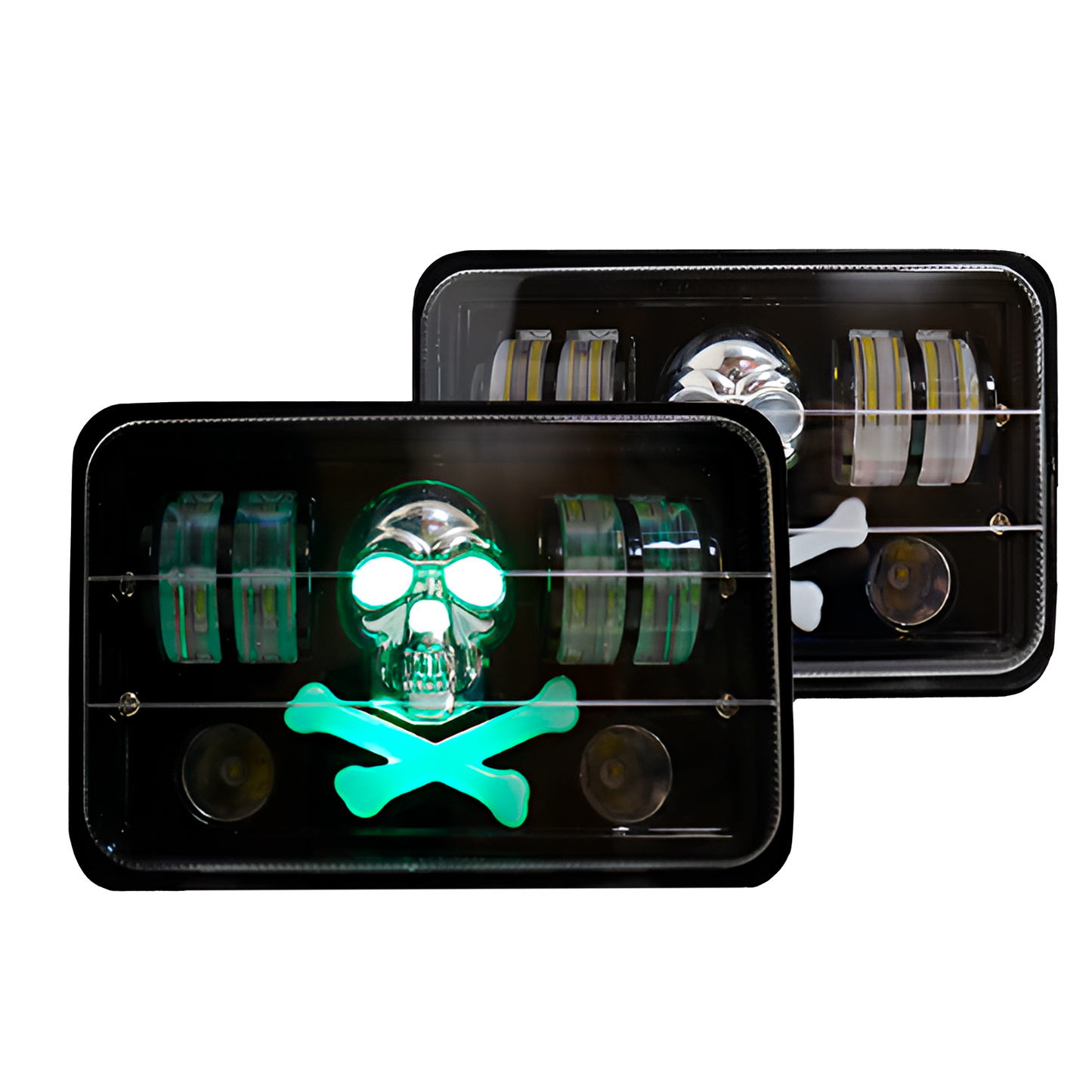 Unidad Cuadrada Led 4656 Calavera Pirata con 4 Lupas Blanco Fijo+RGB 12V cc