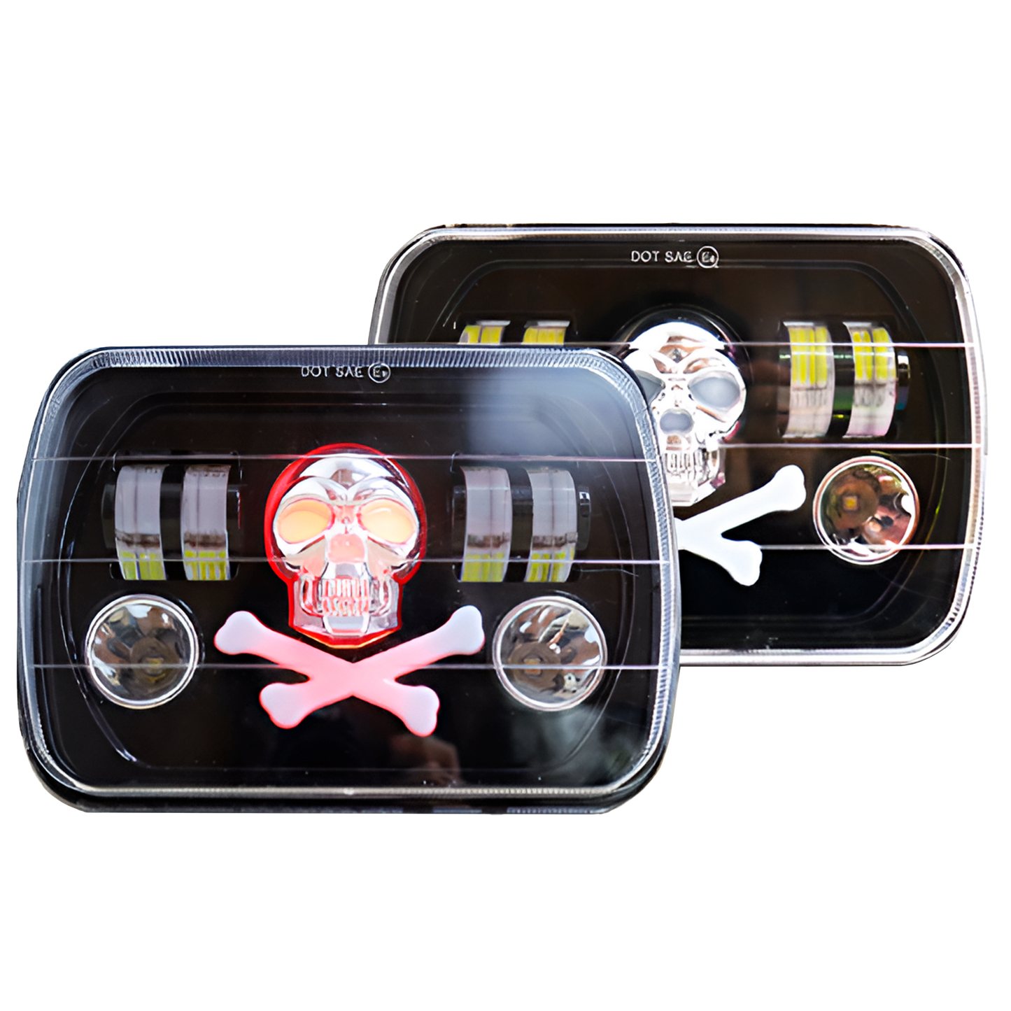 Unidad Cuadrada Led 6054 Calavera Pirata con 4 Lupas Blanco Fijo+RGB 10/30V cc